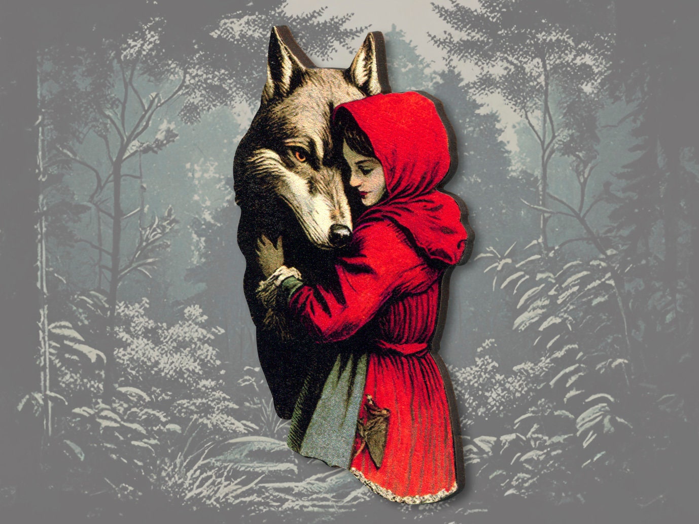 LOVE YOUR ENEMIES ++ Whimsical wooden brooch pin vintage style gift birthday jewelry fairy tale fairytale wolf red riding hood