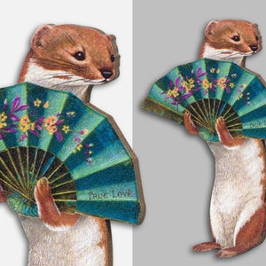 Whimsical wooden brooch big pin &quot;STAY CLASSY&quot; ermine stoat weasel fan vintage collage jewelry funny gift wood friend woodland animal