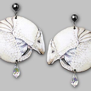 Whimsical wooden earrings "DREAMING o.a. WHITE ARMADILLO" dangling dangly pearl white albino animal jewelry laser cut wood vintage