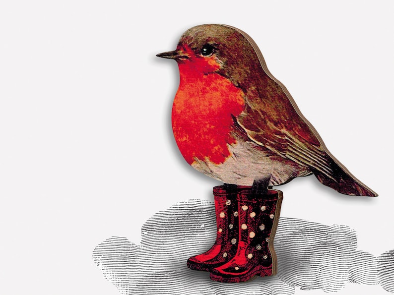 Wooden brooch pin DRY FEET vintage redbrest robin bird gift birthday mothers day best friend rubber boots wellingtons christmas image 1