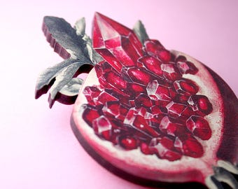 POMECARATE ++ whimsical wooden brooch pin jewelry vintage styled illustration collage gift pomegranate granate gemstone crystal