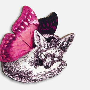 Wooden brooch pin vintage "SEXY EYES" sleeping fox butterfly moth mythical creature jewelry charm birthday mothers day best friend wings