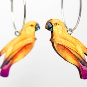 Whimsical wooden hoop earrings creole  "BIRDS OF SUNRISE" hoops lasercut gift bird yellow parrot animal jewelry wood