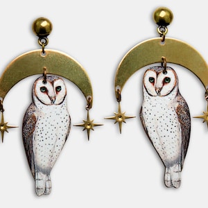 OH STARRY NIGHT ++ Ohrringe Ohrstecker Ohrhänger vintage Vogel Geschenk Vogelfreund Eule Schleiereule Mond Sterne Messing Holz Schmuck