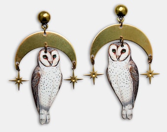 Whimsical wooden earrings studs &quot;OH STARRY NIGHT&quot; barn owl night moon stars vintage gift bird lasercut bronze collage contemporary
