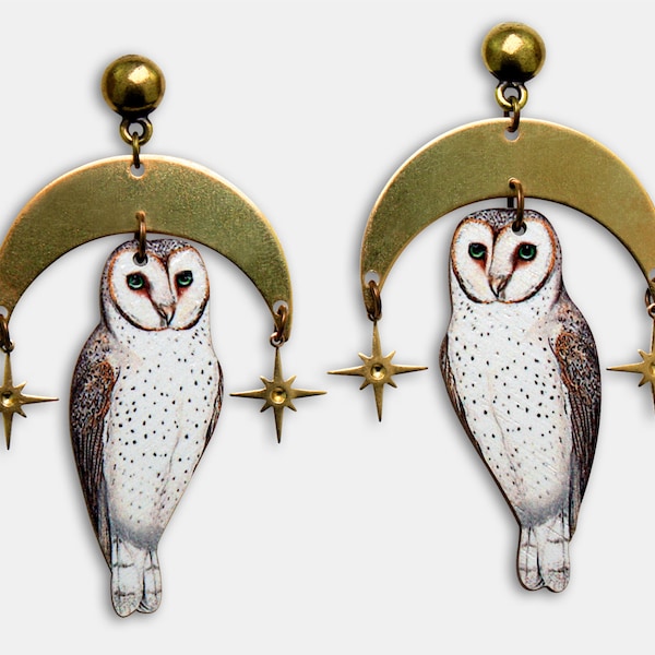 Whimsical wooden earrings studs "OH STARRY NIGHT" barn owl night moon stars vintage gift bird lasercut bronze collage contemporary