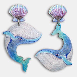 Whimsical wooden earrings studs "WHALE U?" large lasercut vintage gift ocean shell asymetrical statement animal jewelry