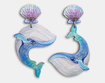 WHALE LINKS ++ grandes boucles d'oreilles asymétriques clous vintage baleine baleine bleue mer océan vacances bijoux coquillages bois découpé au laser cadeau