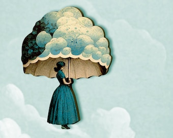 ONDER MIJN... ++ Broche pin flapper jaren '20 jaren '30 vrouw dame paraplu wolken surrealistische art deco Victoriaanse sieraden vintage hout