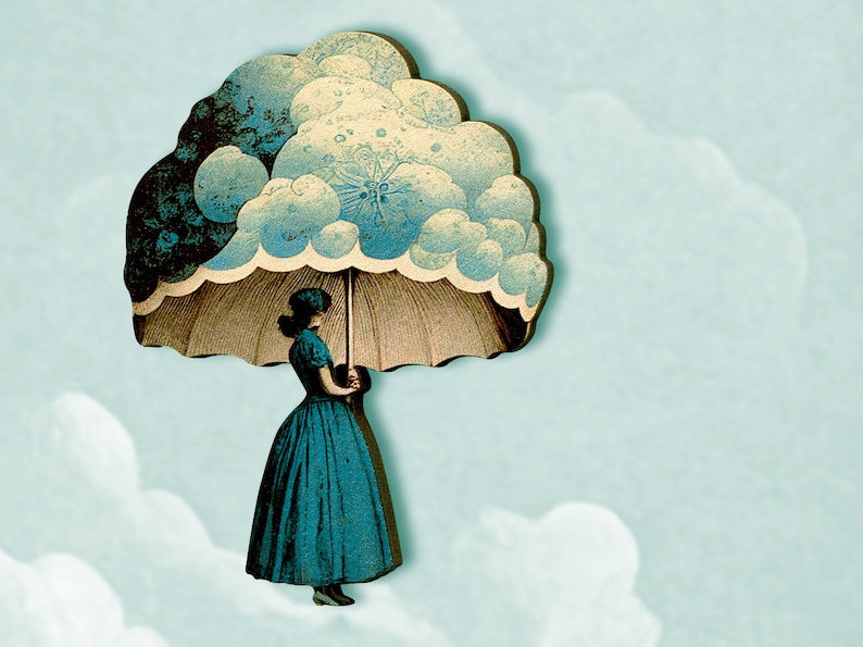 BAJO MI... Broche pin flapper 20s 30s mujer dama paraguas nubes surrealista art deco joyería victoriana madera vintage imagen 1