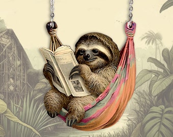 PERIÓDICO DOMINICAL ++ Collar Joyería Colgante Perezoso Perezoso de tres dedos Hamaca Columpio Regalo Madera Corte Láser Vintage