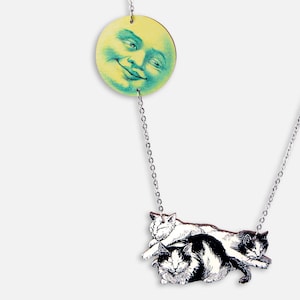 SLEEPYCATS ++ Collar con colgante de gato vintage, amante de los gatos, durmiendo, luna llena, Luna, animal, art déco, regalo