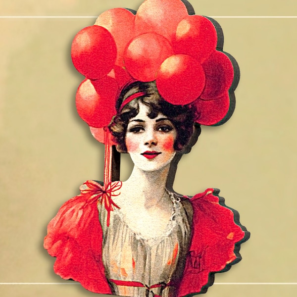 ROTROTROT  ++ Brosche Anstecker Pin Flapper 20er 30er Frau Lady rot Luftballons art deco viktorianisch Schmuck vintage Holz