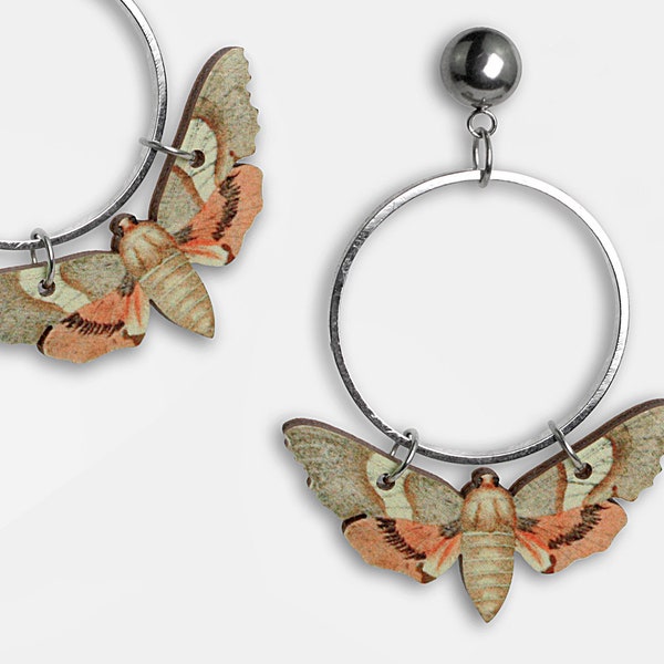 Whimsical wooden earrings creole "LA_VIE_EN_SAUMON" lasercut vintage moth butterfly jewelry birthday gift 