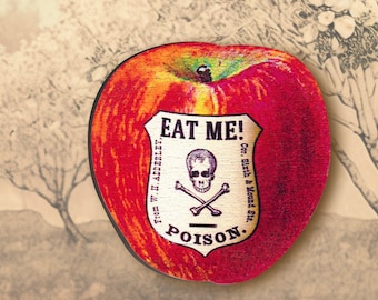 ONE APPLE A DAY ++ whimsical wooden brooch pin vintage poison apple fairy tale witch snow white skull bones collage gift