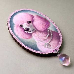 POODLELICOUS große Brosche Anstecker Pin rosa Pudel Kitsch Hund Portrait Hipstertiere surreal art deco viktorianisch Schmuck vintage Holz Bild 2