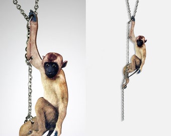 Statement whimsical wooden necklace "DANGLE YOUR SOUL" ape primate gibbon fan lasercut vintage jewelry pendant nostalgic lexicon