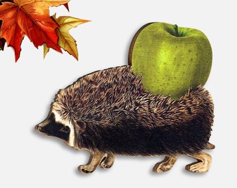 Whimsical wooden brooch pin "VICTUALS" vintage hedgehog green apple woodland creature animal funny little gift friend jewelry lasercut