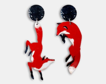 Whimsical wooden earrings studs &quot;JUMPING FOXES&quot;  mismatching lasercut vintage gift red fox woodland asymetrical statement animal jewelry