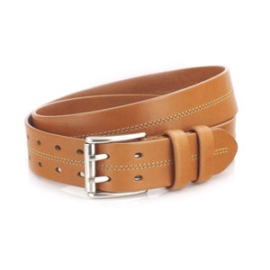 Light Brown Two Hole Belt For Jeans Double Prong Heavy Duty Silver Buckle Genuine Leather Wide Belt 40 Mm