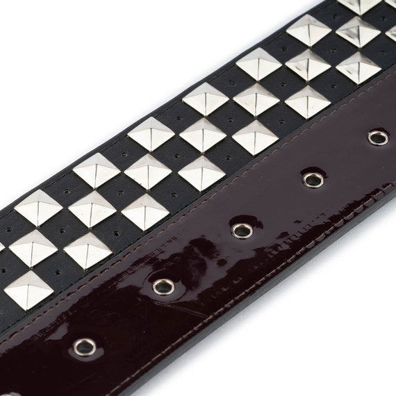 3 Row Pyramid Studs Belt Check Pattern Silver Rivets Mens Studded
