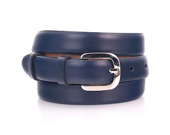 Thin Lady Navy Blue Leather Belt For Dress Silver Belt Buckle Leather Belt Women Belt For Dresses