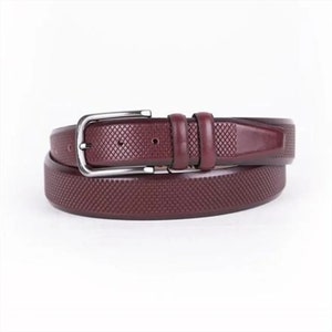 Burgundy Mens Belt Dress Laser Cut Leather With Silver Buckle Real Leather Suit Belt 35 Mm