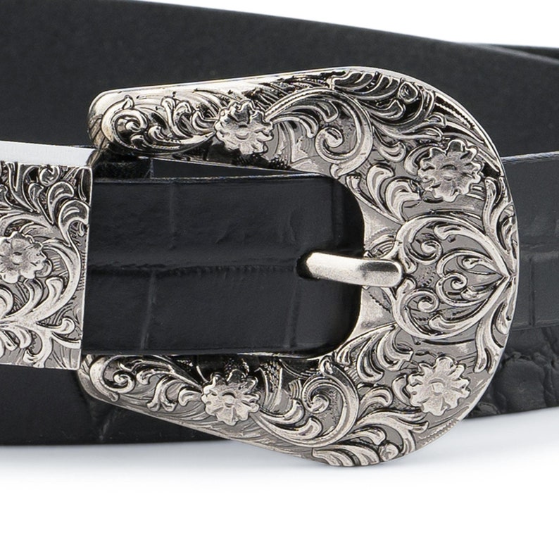1 inch Black leather belt Womens western belt Silver vintage Etsy
