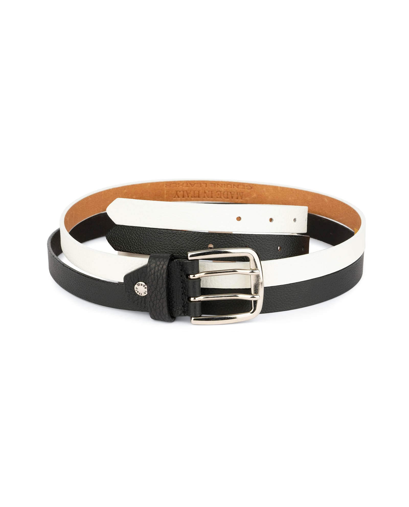 Womens Black and White Belt - Two Prong Buckle - Genuine 
