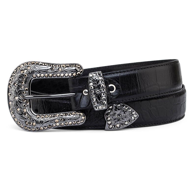 Black Crocodile Belt for Men Rhinestones Croco Embossed Cowboy Etsy