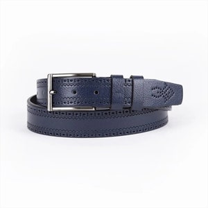 Dark Blue Mens Belt Dress Dotted Calf Leather With Silver Buckle Genuine Leather Suit Belt 35 Mm