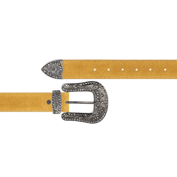 Womens Camel Suede Ladies Western Belt With Black Crystal 