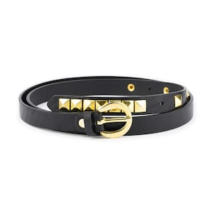 Gold Pyramid Belt Womens Black Genuine Leather Studded Leather Belt Thin Dress Belt Ladies 20 Mm