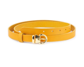 Ladies Spectra Yellow Leather Belt With Gold Buckle Thin 2.0 Cm Women Buckle Belt Real Leather Belt