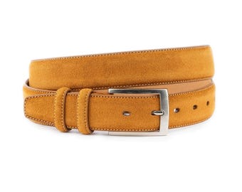 Cinturón de ante camello de piel auténtica de alta calidad para hombre, cinturón de vestir cosido con hebilla plateada de 3,5 cm.
