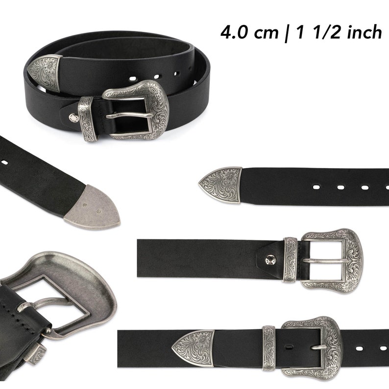 Western Belts for Men Mens Cowboy Belts Western Belts for Women Black Full Grain Leather Belt With Silver Buckle Cowgirl Belt Ladies 4.0 cm | 1 1/2 inch