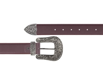 Western Mens Cowboy Ceinture Bordeaux avec boucle en strass noir Ceintures en cuir véritable