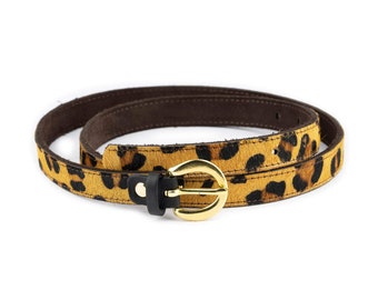 Womens Leopard Print Belt With Brass Buckle - Fancy Belt For Dress - Womens Skinny Belt With Gold Buckle