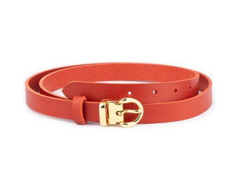 Ladies Deep Red Leather Belt With Gold Buckle Thin 2.0 Cm Women Buckle Belt Real Leather Belt