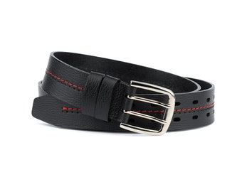 Cinturón de doble punta con hebilla Cinturón negro para hombre Cinturón de cuero de doble punta para hombres Cinturón cosido rojo Cinturón negro grueso 1 1/2 "
