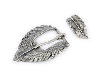 Feather Belt Buckle - Leaf Women Belt Buckle - Womens Western Belt Buckle - 2 Piece Buckle Set - 30 Mm Antique Silver Belt Buckle