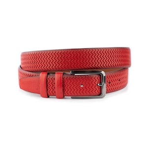 Red Golf Belts For Men Zig Zag Texture Leather Jeans Genuine Leather Belt With Silver Buckle 3.5 Cm