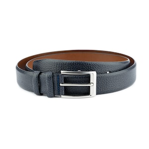 Mens Fashion Belt Blue Textured Leather 1 3/8 Inch Silver Buckle Dress Leather Belt
