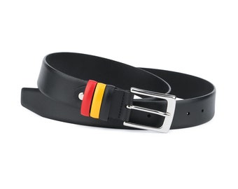 Mens belts Germany Belgium Flag loops Black leather belt Genuine leather Smooth Leather belt for men Red-yellow-black loops Handmade belt