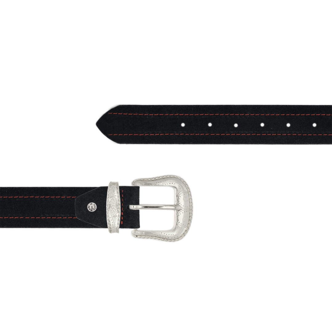 Men Cowboy Belts With Silver Buckle Suede Black With Red Stitch Western