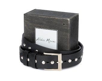 Handmade Black Studded Leather Belt With Spider & Web Design