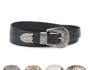 Western Belt Silver Buckle 1 Inch Black Leather Belt Womens