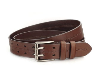 Dark Brown Two Hole Belt For Jeans Double Prong Heavy Duty Silver Buckle Genuine Leather Wide Belt 40 Mm