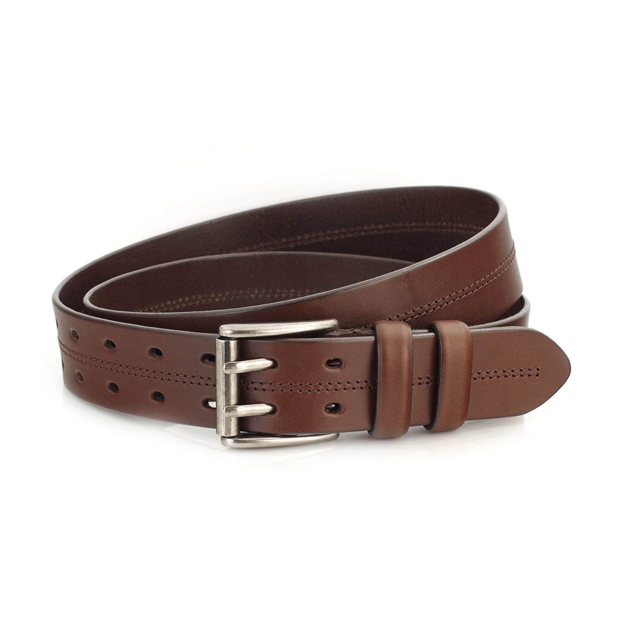 ●DOFFJASON● Double Tip Vintage Hard Leather Belt BROWN DJ2 Dark Brown Two Hole Belt for Jeans Double Prong Heavy Duty
