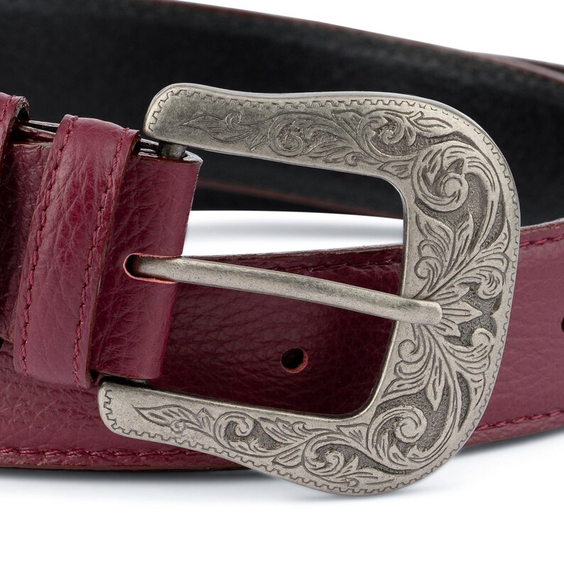 Western belts mens Burgundy belt Genuine leather Mens belts Cowboy belt with buckle Silver antique